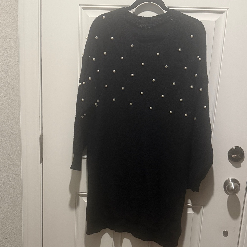 SHEIN Black Pearl-Embellished Knit Sweater Dress